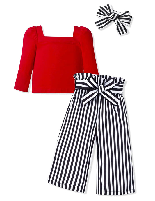 Puff Sleeve Toddler Girl Outfit with Striped Pants and Headband 3Pc Set